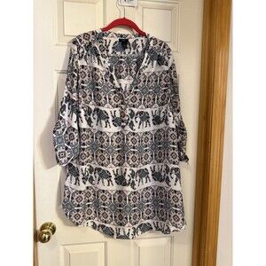 Rue+ 2X Elephant Print Boho Tunic Blouse Women’s V-Neck 3/4 Sleeve Top